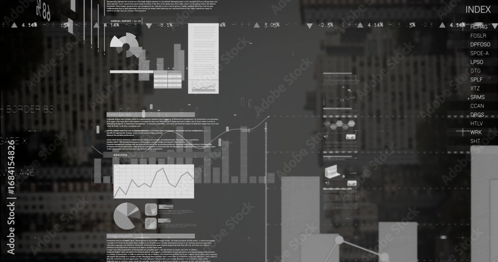 Poster overlay presenting graphs in city skyline, with bar, line and pie charts, indicators and index list