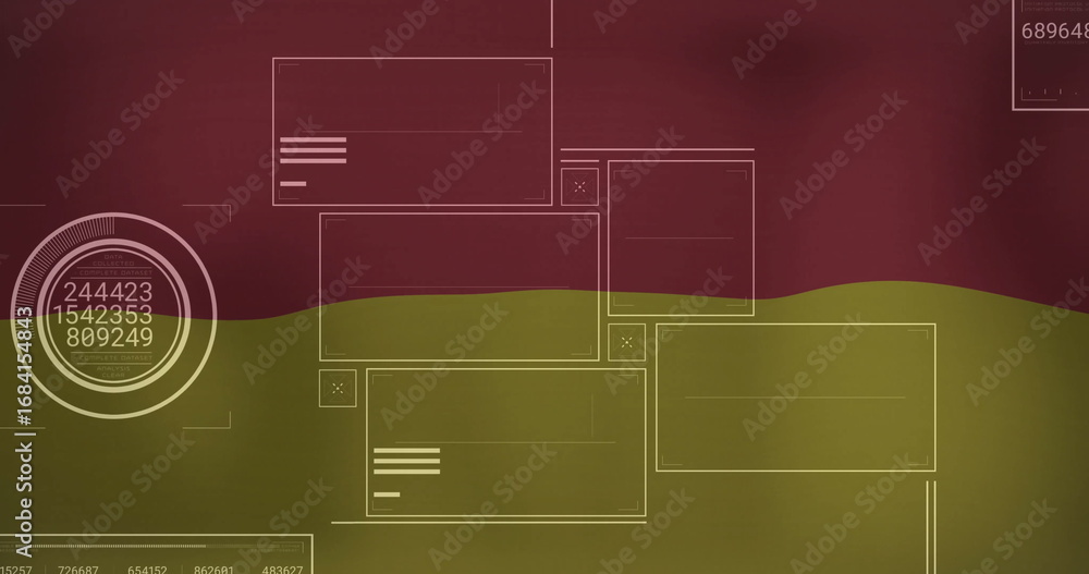 Aufkleber displaying data ui over two-tone backdrop with circular gauge, panels with close icons, grid lines
