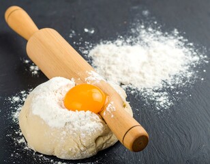 Dough ball with rolling pin and egg