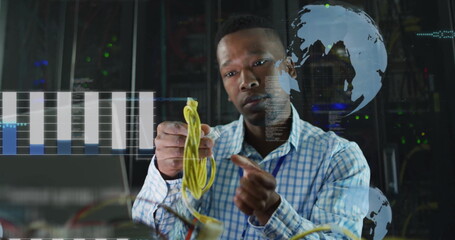 Network engineer connecting yellow cable in front of server racks, with holographic data overlays