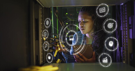 Managing network cables, technician examining connections in data center, with overlays, copy space