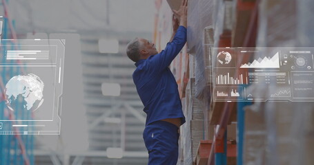 Reaching warehouse worker examining box on high pallet shelf in warehouse, with AR data overlays