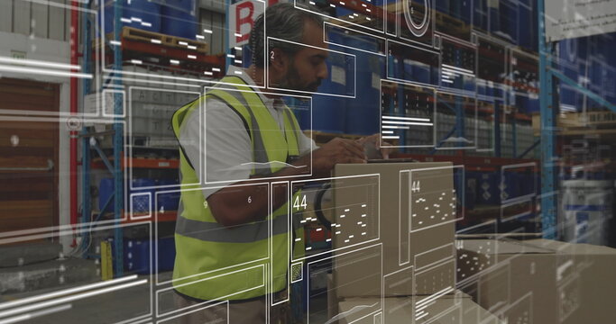 Using scanner, worker wearing reflective vest scanning cardboard boxes in warehouse, copy space - Powered by Adobe