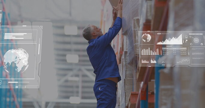 Reaching warehouse worker examining box on high pallet shelf in warehouse, with AR data overlays