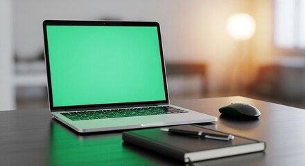 Fototapeta premium Slim silver laptop with green screen on dark office desk with wireless mouse and notebook, professional studio mockup for business and creative use