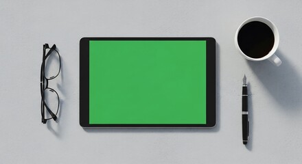 Sleek black tablet with green screen on concrete surface, styled flat lay mockup for digital publishing and modern stock content