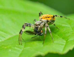 Close-up of an orbweaver spider with its prey on a vibrant green leaf, showcasing its intricate patterns and colors.