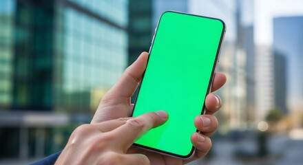 Smartphone with green screen held in male hand, urban outdoor city background, cinematic mockup photography for social media and app promotions