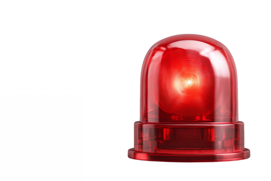 Red emergency warning light beacon isolated on white transparent background