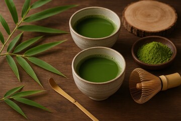 Artisan matcha tea ceremony setup with traditional ceramic cups and fresh bamboo elements on natural wood surface