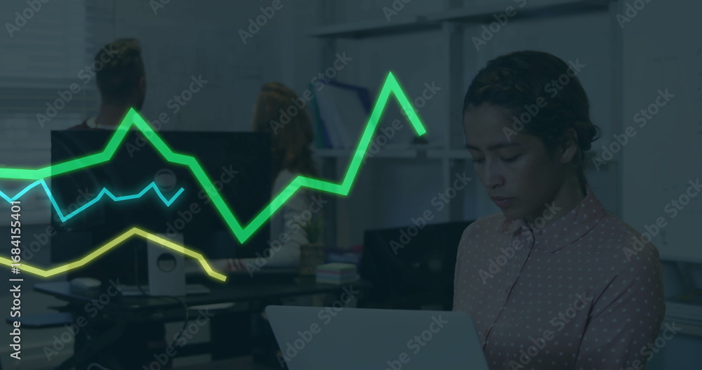 Poster analyzing woman in patterned blouse using laptop in office with colored graph lines, copy space