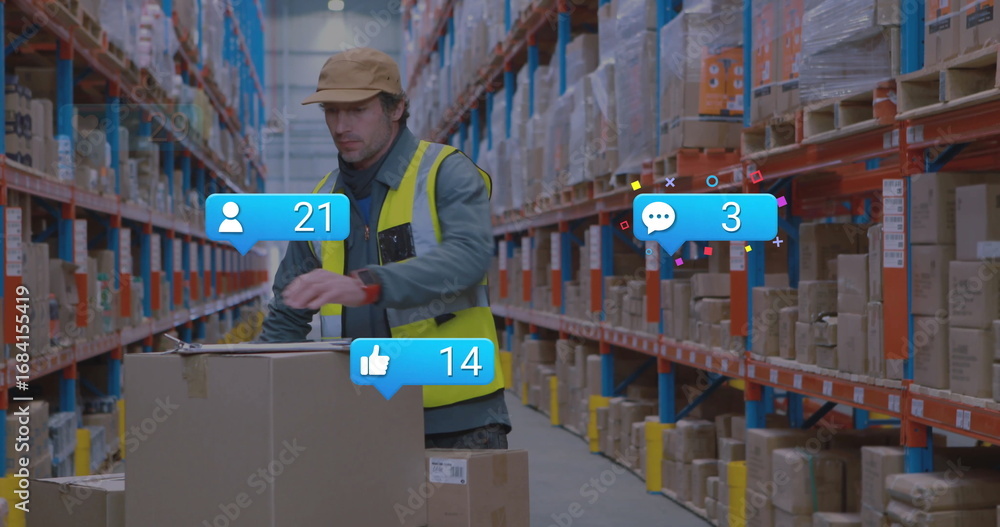 Poster warehouse worker in safety vest stacking cardboard box on pallet rack in aisle, with floating icons
