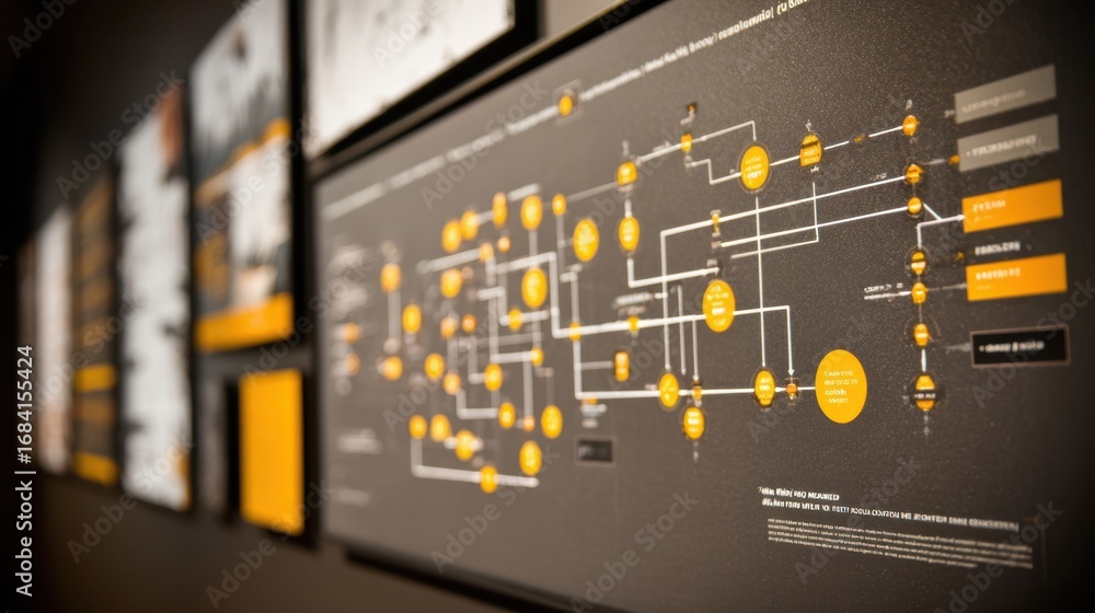 Poster medium shot of a digital board featuring interconnected data sources in a lineage graph with focused