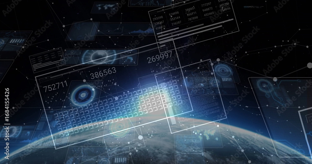 Aufkleber displaying floating data panels above earth horizon, with holographic grid, numeric data, nodes