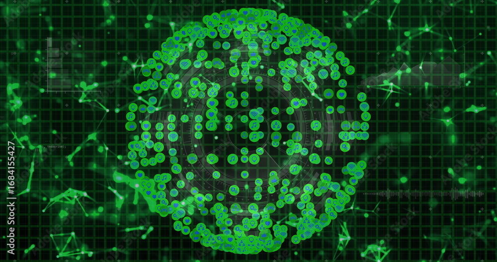 Poster visualizing central digital sphere rotating on green grid, with glowing nodes containing tech icons