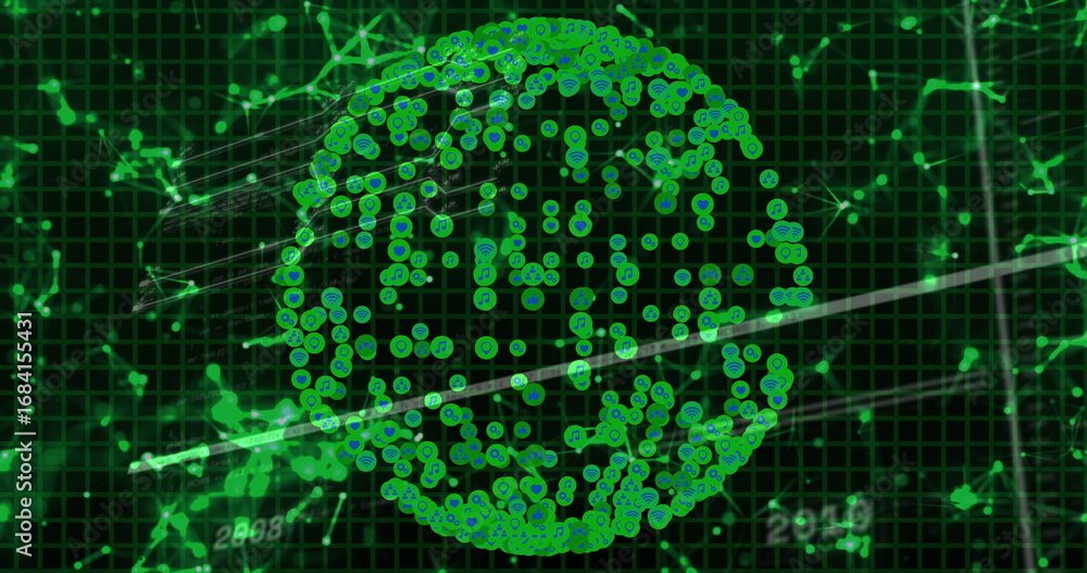 Fototapete displaying spherical green node network at digital grid interface, with diagonal scanning lines