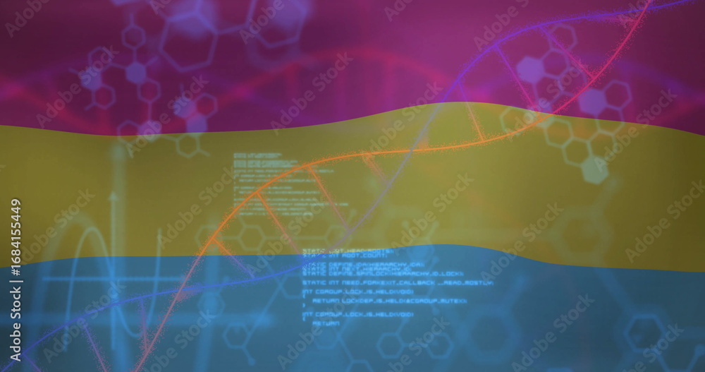 Poster showing red-orange dna helix on digital background, with white code blocks and molecular hexagons