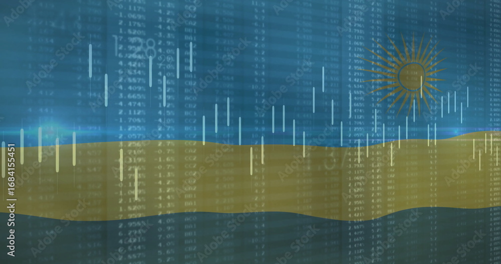 Poster displaying golden wave ribbon rising on data dashboard, showing numeric data and candlestick bars