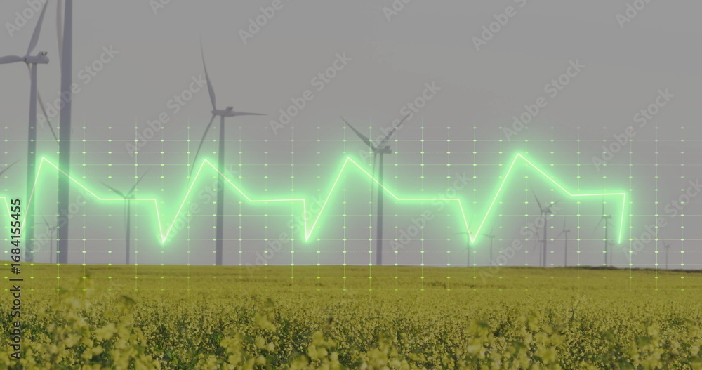 Poster displaying wind turbines rising above yellow flowering field, with green zigzag graph and grid dots