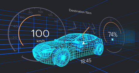 Floating cyan wireframe car gliding through blue grid tunnel, with speedometer and battery gauges
