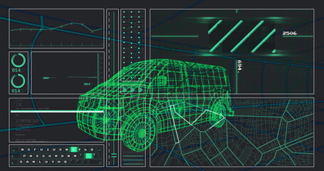 Rotating 3D neon-green SUV wireframe model on interface with gauges, code snippets and map overlay
