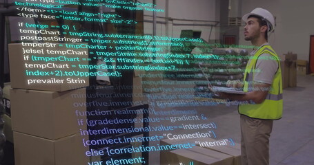 Scanning boxes on tablet in warehouse with code overlay, wearing safety vest, hard hat, copy space