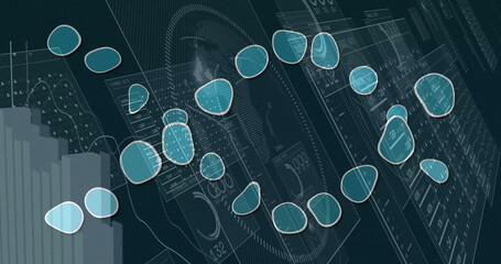 Displaying teal markers over digital interface with panels, bar chart, readouts, gauge schematics