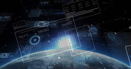 Displaying floating data panels above Earth horizon, with holographic grid, numeric data, nodes