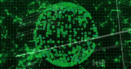 Displaying spherical green node network at digital grid interface, with diagonal scanning lines