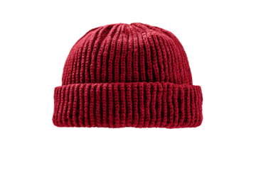 Warm Red Winter Beanie Hat, ribbed knit, isolated on white transparent background