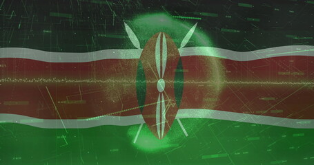 Kenyan flag stretching across data network, with Maasai shield emblem, grid lines, data points
