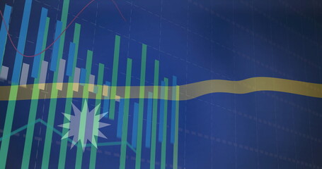 Showing green-blue bar charts on dashboard, with yellow and red lines, starburst icon, grid overlay