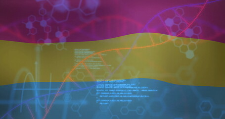 Showing red-orange DNA helix on digital background, with white code blocks and molecular hexagons