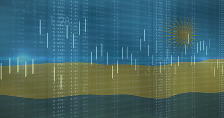 Displaying golden wave ribbon rising on data dashboard, showing numeric data and candlestick bars