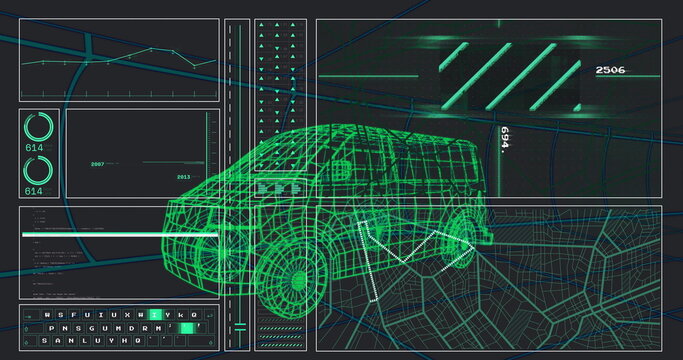 Rotating 3D neon-green SUV wireframe model on interface with gauges, code snippets and map overlay