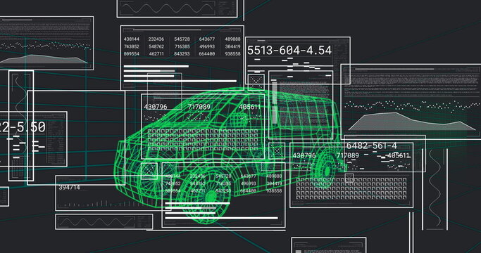 Fototapeta Visualizing neon green wireframe car model floating in 3D modeling interface, with data panels