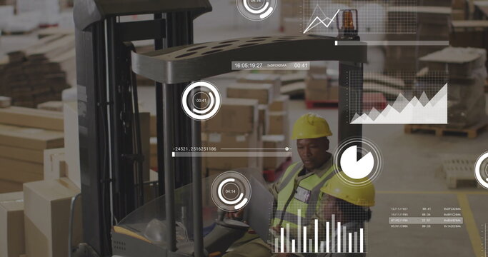 Operating forklift operator checking controls in warehouse, with boxes and floating data overlays