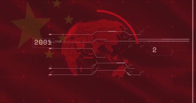 Displaying world map streaming data lines in digital graphic, with nodes, 2004-Tokyo, box2, stars - Powered by Adobe