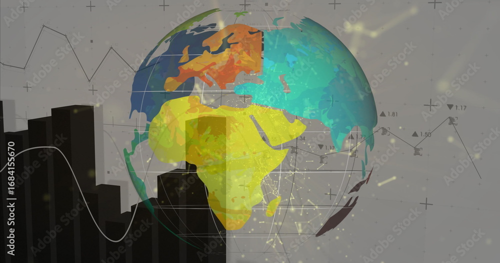Fototapete displaying stylized 3d globe rotating in virtual data interface, with bar and line charts and nodes