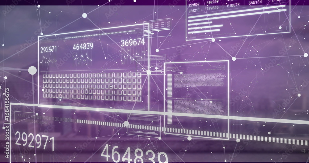 Fototapete displaying abstract data interface floating in virtual environment, with ui panels and node network
