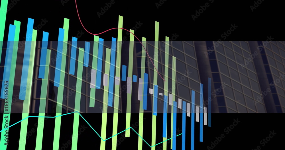 Poster animating financial chart over facade grid on financial dashboard, showing bars and line graphs