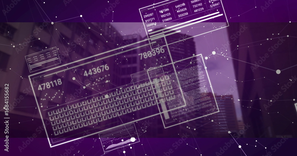 Poster projecting digital data overlay animating over downtown street canyon, with numeric readout panels