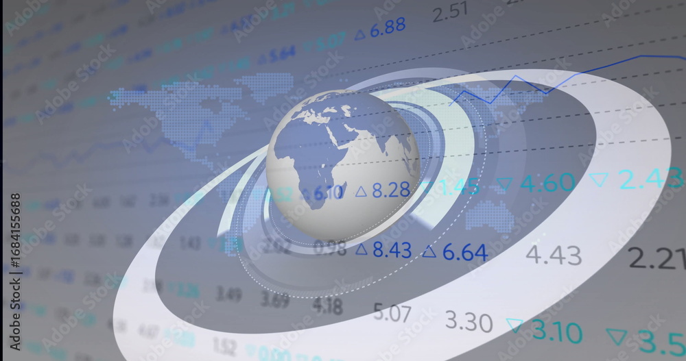 Poster presenting 3d earth globe rotating in abstract dashboard, with orbital rings and numeric overlays