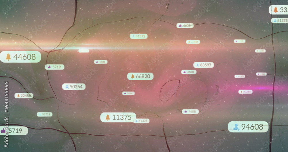 Poster drifting notification badges floating across cosmic visualization, with icons and numeric counts