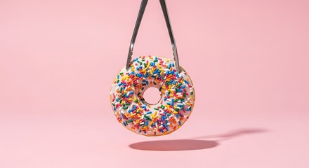 Glazed donut with rainbow sprinkles held by silver tongs, solid pastel pink background, food photography for minimal editorial and modern branding