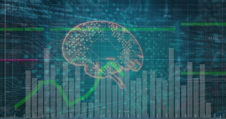 Showing brain circuit diagram, bars, green line on teal grid, with code overlays, numeric readouts