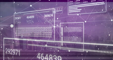 Displaying abstract data interface floating in virtual environment, with UI panels and node network
