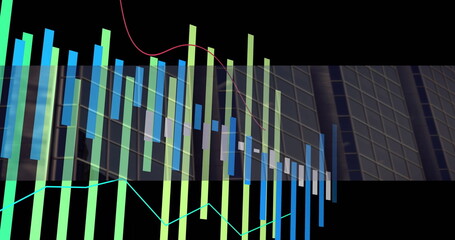 Animating financial chart over facade grid on financial dashboard, showing bars and line graphs