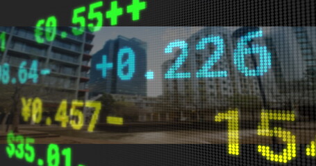 Floating colored numeric overlays moving over urban plaza walkway, with stock and currency figures