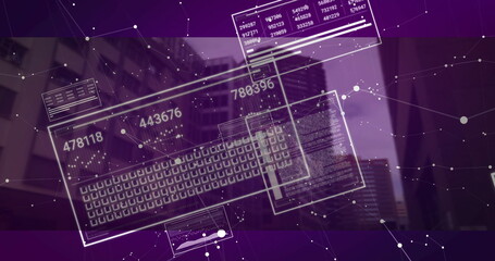 Projecting digital data overlay animating over downtown street canyon, with numeric readout panels